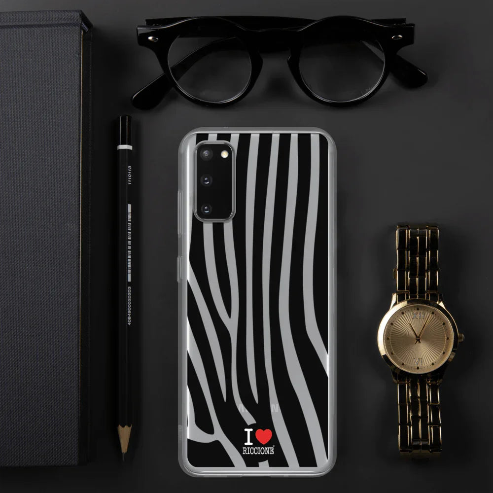 Custodia Samsung effetto zebra in plastica trasparente con scritta I love Riccione, stile urban