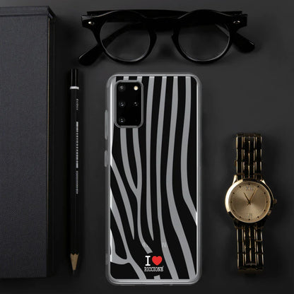 Custodia Samsung streetwear nera con motivo zebrato, scritta I love Riccione, stile urban.