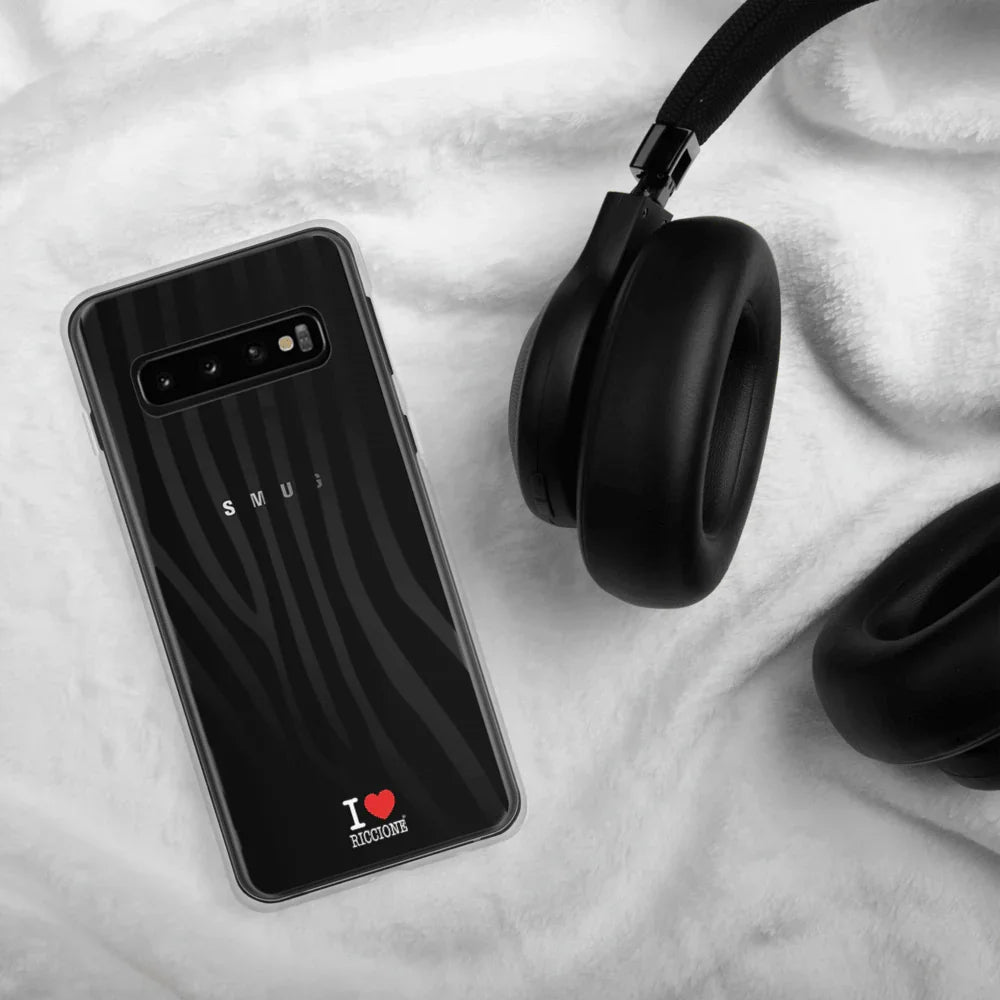 Cover per Samsung nera effetto zebra con scritta I love Riccione, stile streetwear urban