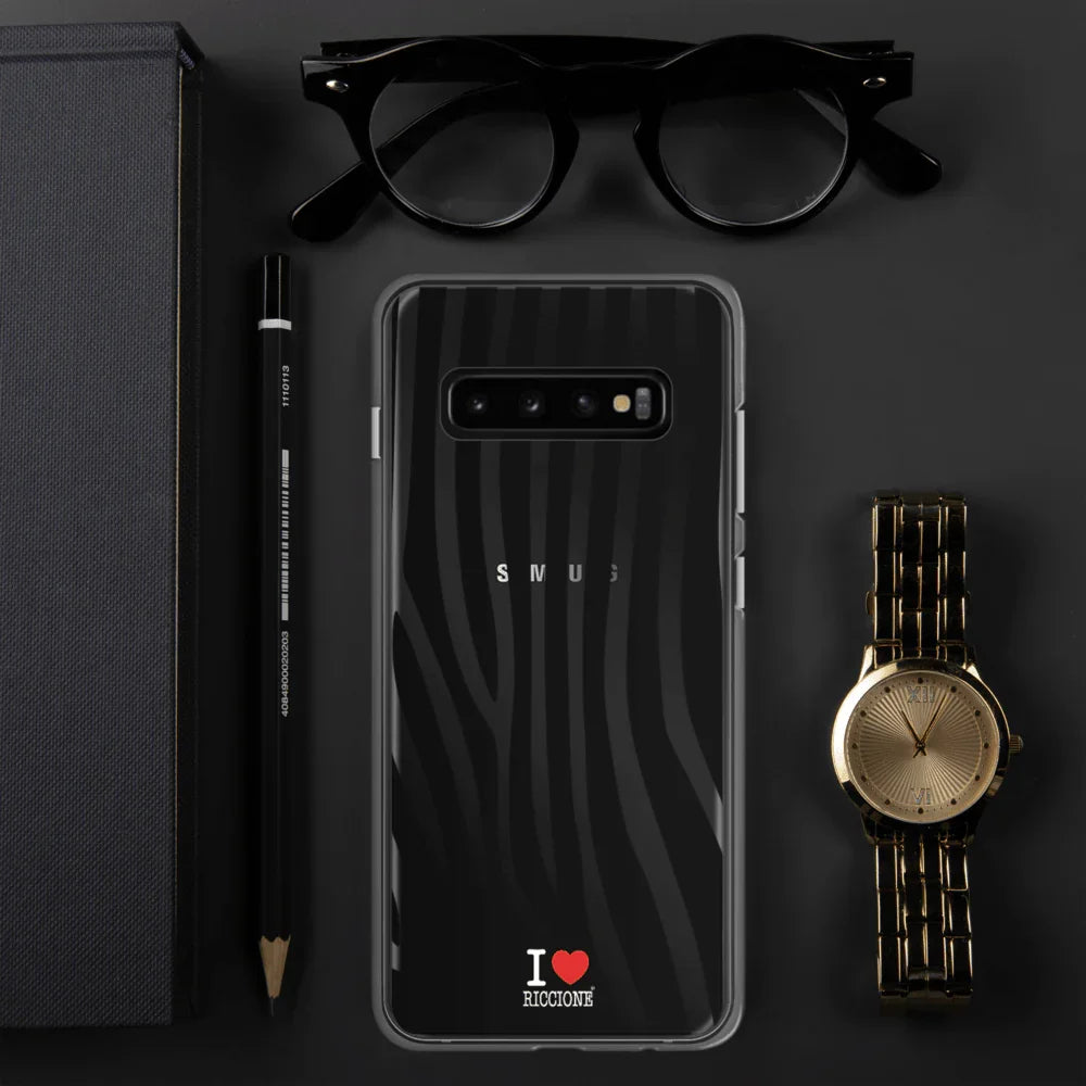 Cover Samsung trasparente in plastica con motivo zebrato nero, scritta I love Riccione stile streetwear urban.