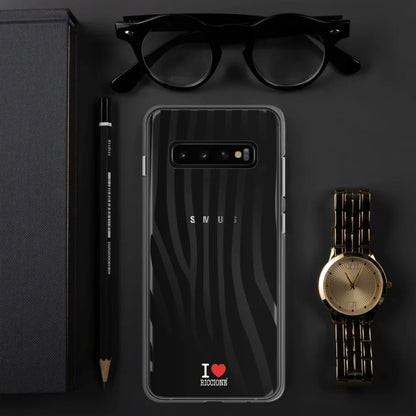 Cover Samsung trasparente in plastica con motivo zebrato nero, scritta I love Riccione stile streetwear urban.