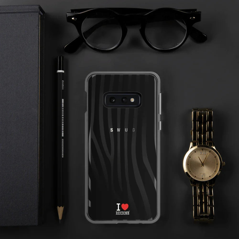 Cover Samsung trasparente streetwear con dettagli neri effetto zebra e scritta I love Riccione.