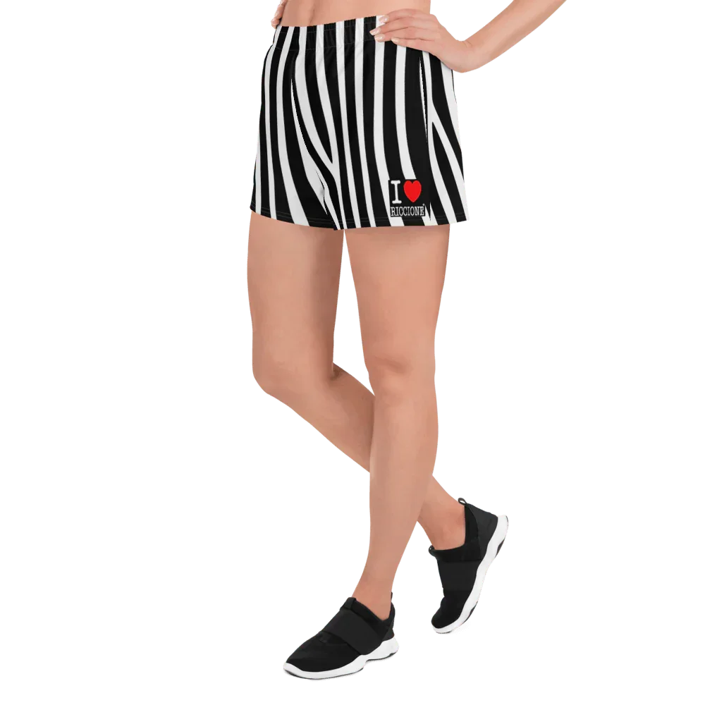 Shorts donna streetwear a righe verticali nere e bianche con scritta I Love Riccione