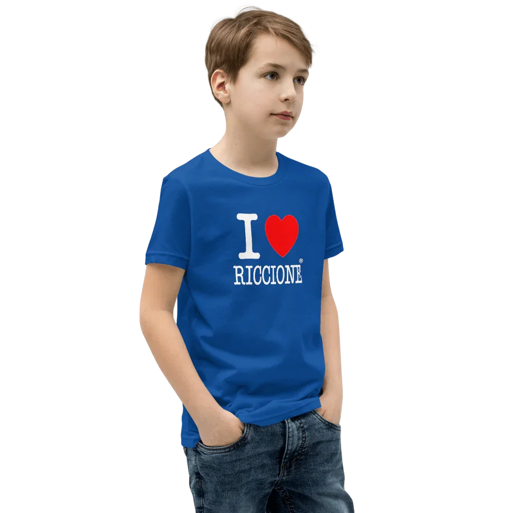 Bambino con t-shirt streetwear blu, scritta 'I love Riccione', cotone, stile urban.