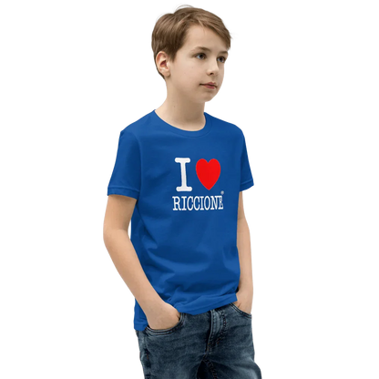 Bambino con t-shirt streetwear blu, scritta 'I love Riccione', cotone, stile urban.
