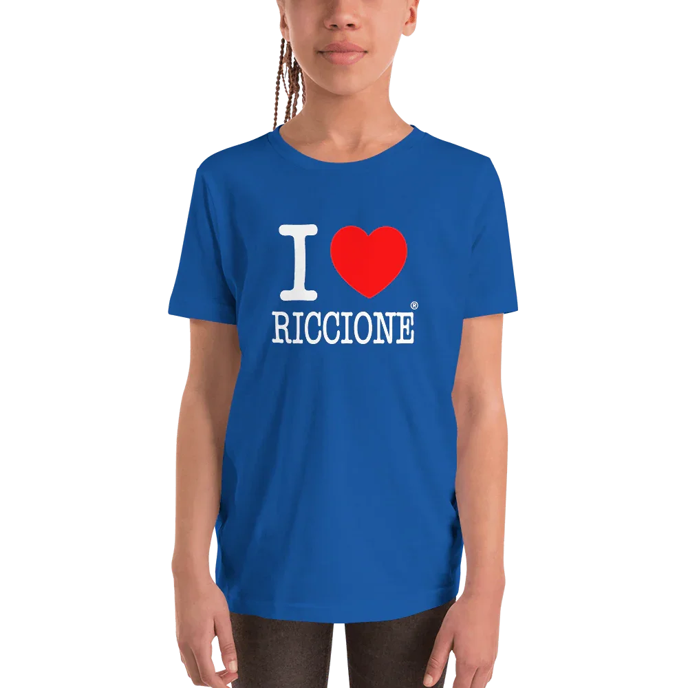 T-shirt streetwear blu per ragazzo con scritta 'I love Riccione' in bianco e rosso, cotone.