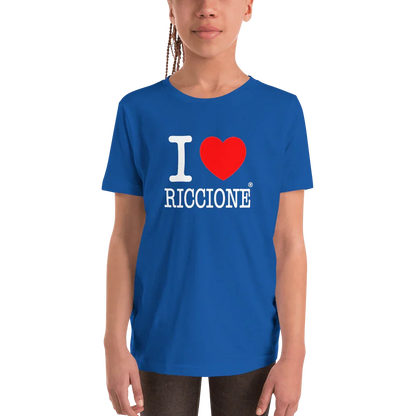 T-shirt streetwear blu per ragazzo con scritta 'I love Riccione' in bianco e rosso, cotone.
