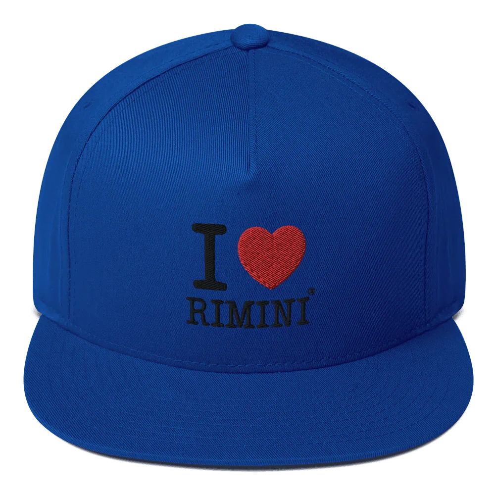 Cappellino streetwear blu con visiera piatta, scritta ricamata I love Rimini, stile urban