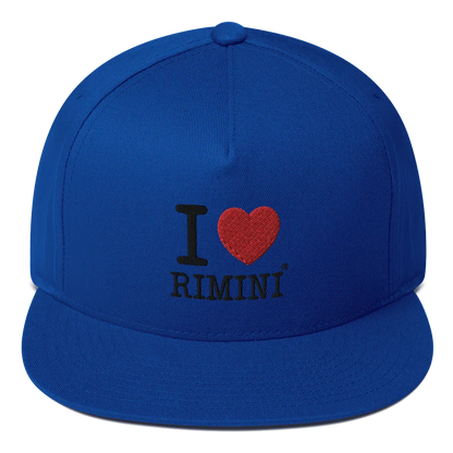 Cappellino streetwear blu con visiera piatta, scritta ricamata I love Rimini, stile urban