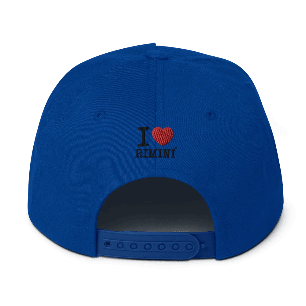 Cappellino streetwear blu in cotone con scritta ricamata I love Rimini e chiusura snapback.