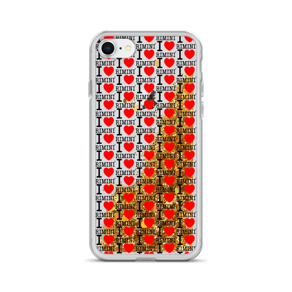 Cover trasparente per smartphone stile streetwear con scritta 'I love Rimini', cuori rossi e glitter liquido oro.