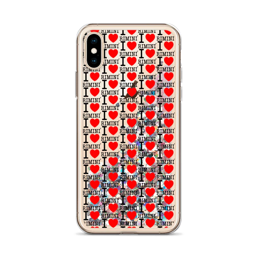 Custodia smartphone streetwear trasparente con scritta I love Rimini, glitter liquido e cuori rossi.