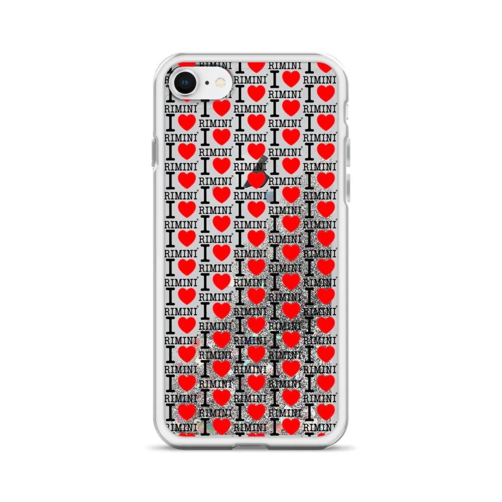 Cover trasparente per smartphone con scritta I love Rimini e cuori rossi, stile urban streetwear