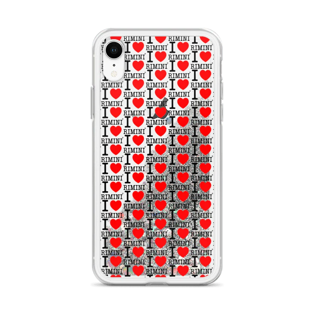 Cover trasparente streetwear con scritta 'I love Rimini', cuori rossi e glitter liquido.