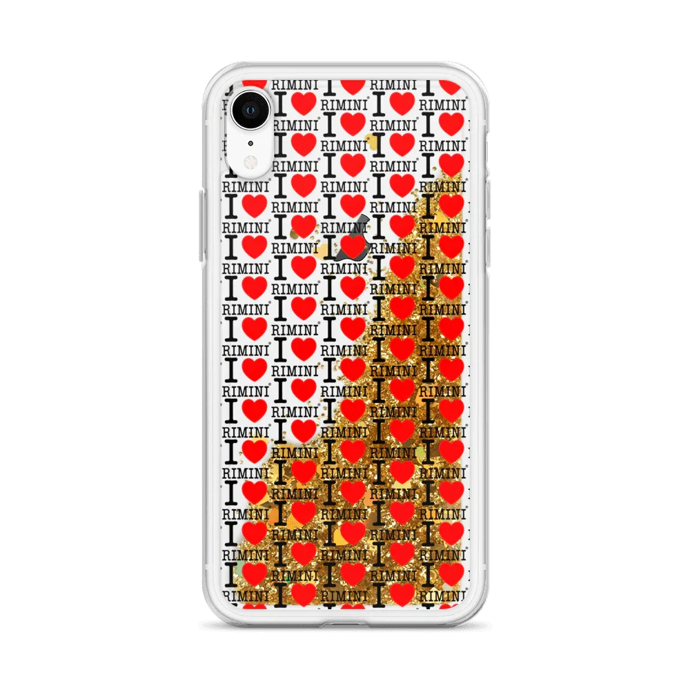 Cover smartphone streetwear trasparente con scritta I love Rimini, cuori rossi e glitter dorati liquidi.
