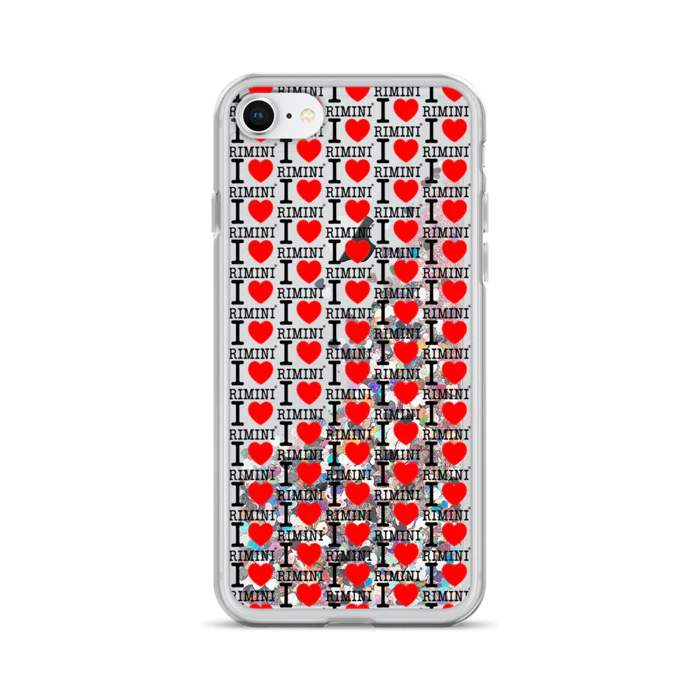 Cover telefono trasparente con liquido glitter, scritta streetwear 'I love Rimini' e cuori rossi.