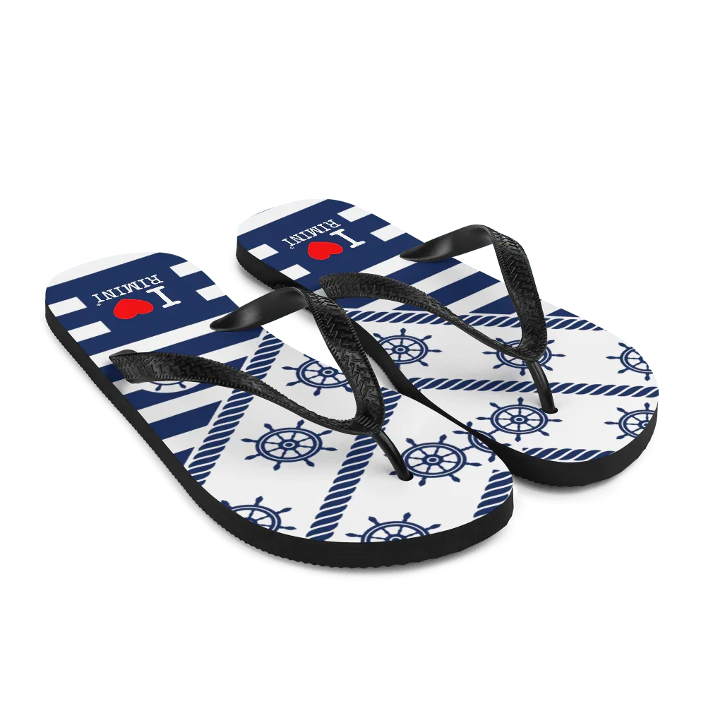 Infradito streetwear urban stile marina blu e bianco con scritta I love Rimini, fascette nere
