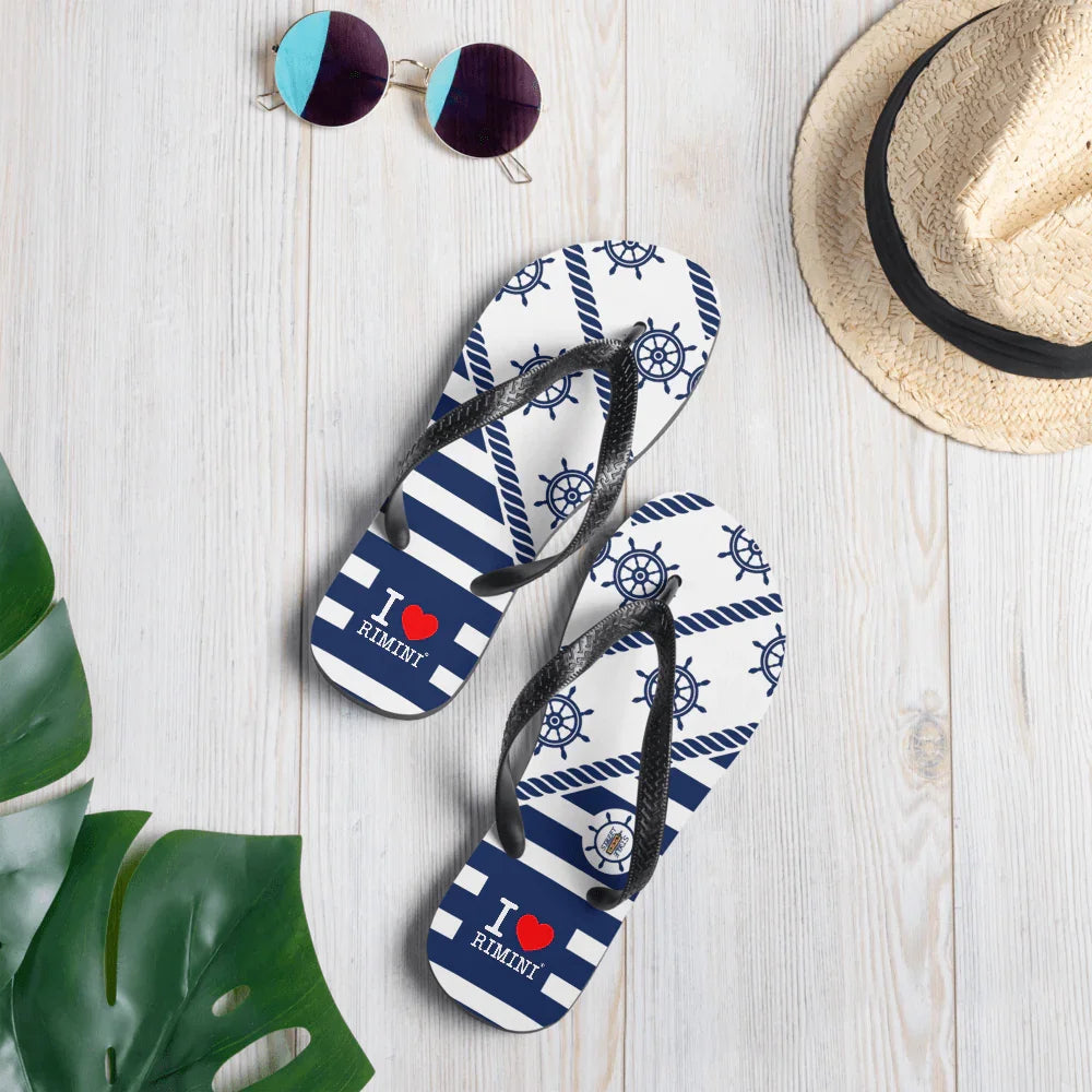 Infradito streetwear bianche e blu con stampa marinara, scritta I love Rimini, stile urban