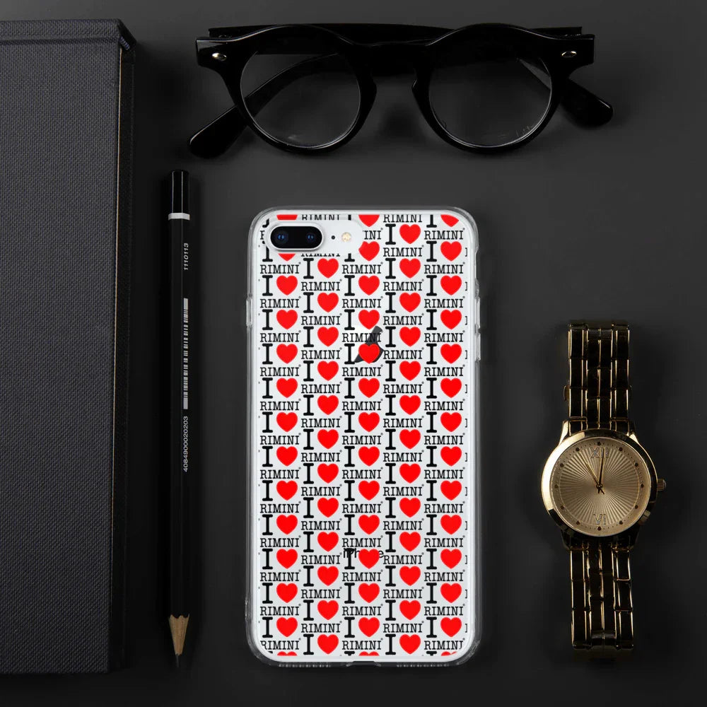 Cover iPhone streetwear con scritta I love Rimini, stampa bianca, rossa e nera, stile urban.