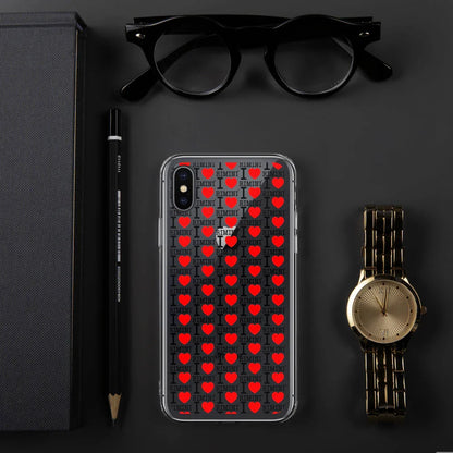 Custodia iPhone trasparente streetwear con scritta I love Rimini e cuori rossi, stile urban