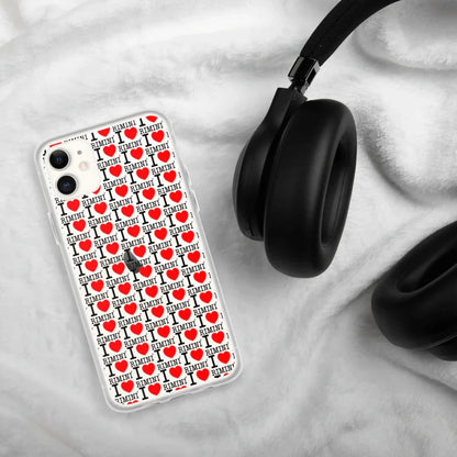 Cover iPhone trasparente con stampa streetwear 'I love Rimini' in bianco, nero e rosso.