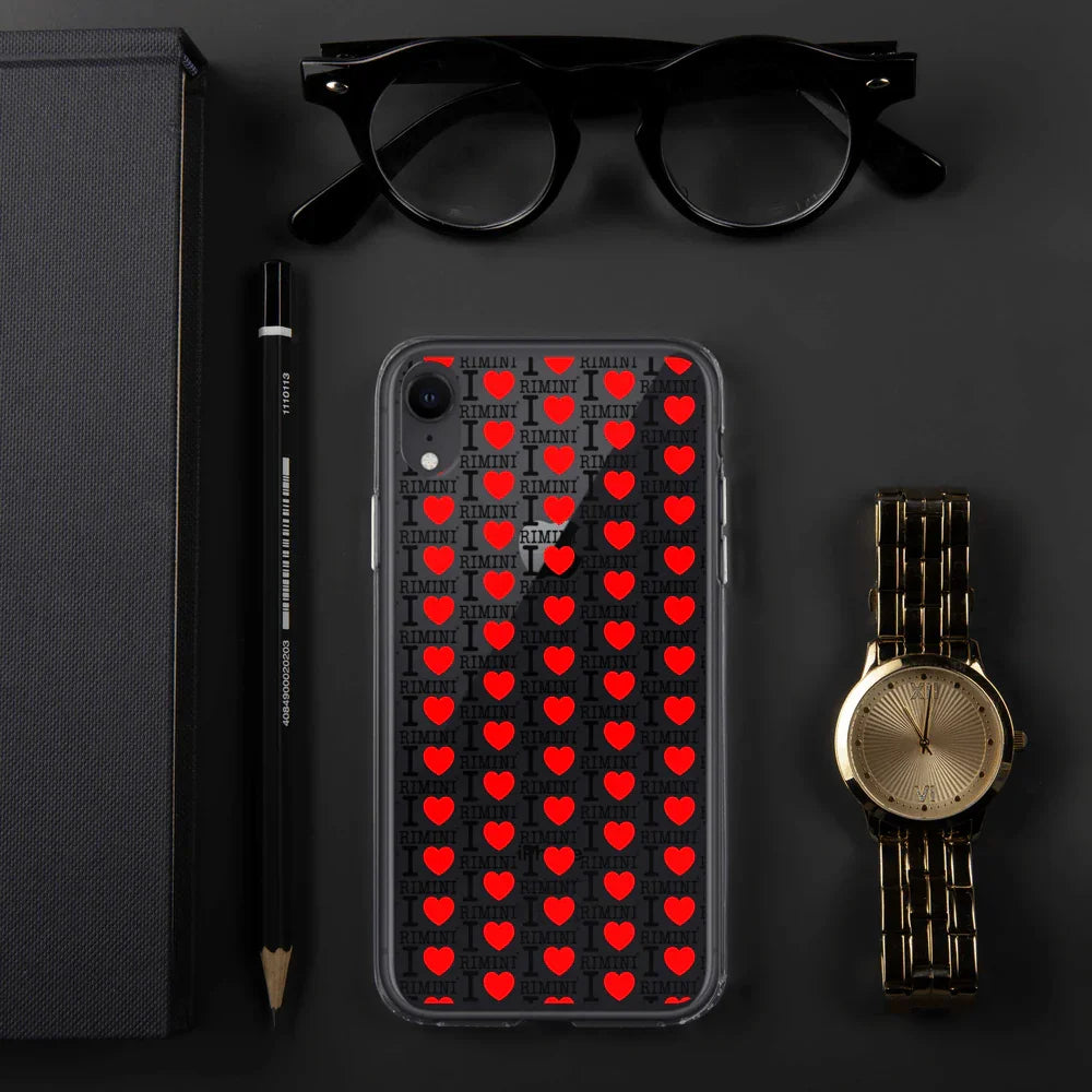 Cover iPhone trasparente streetwear con motivo I love Rimini e cuori rossi, stile urban
