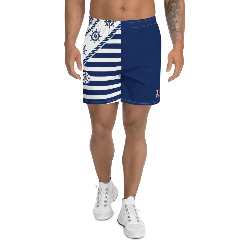 Shorts uomo streetwear blu e bianchi con fantasia marinaresca, stile urban, tessuto leggero