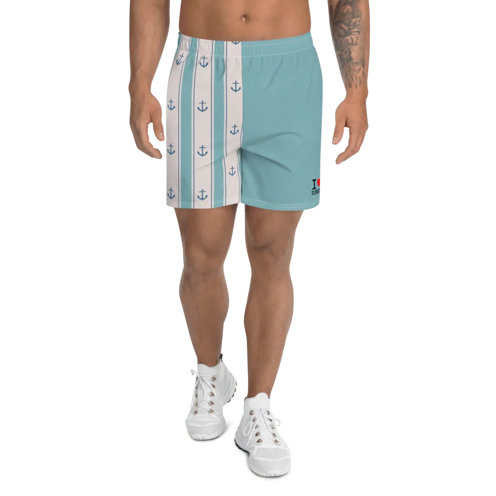 Shorts streetwear uomo azzurri con bande bianche a ancore blu, stile urban, tessuto leggero.