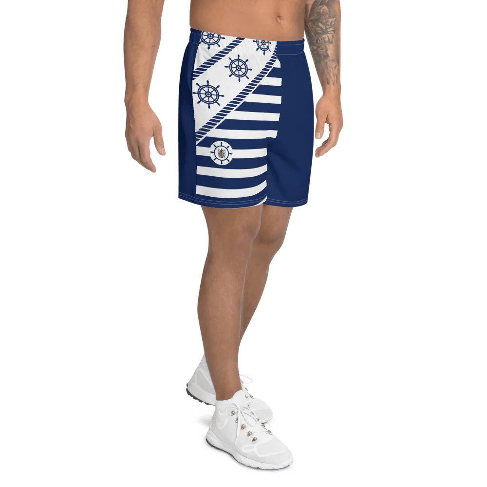 Short sportivo uomo streetwear blu e bianco, motivo nautico con timoni, tessuto tecnico