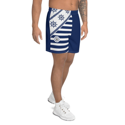 Short sportivo uomo streetwear blu e bianco, motivo nautico con timoni, tessuto tecnico
