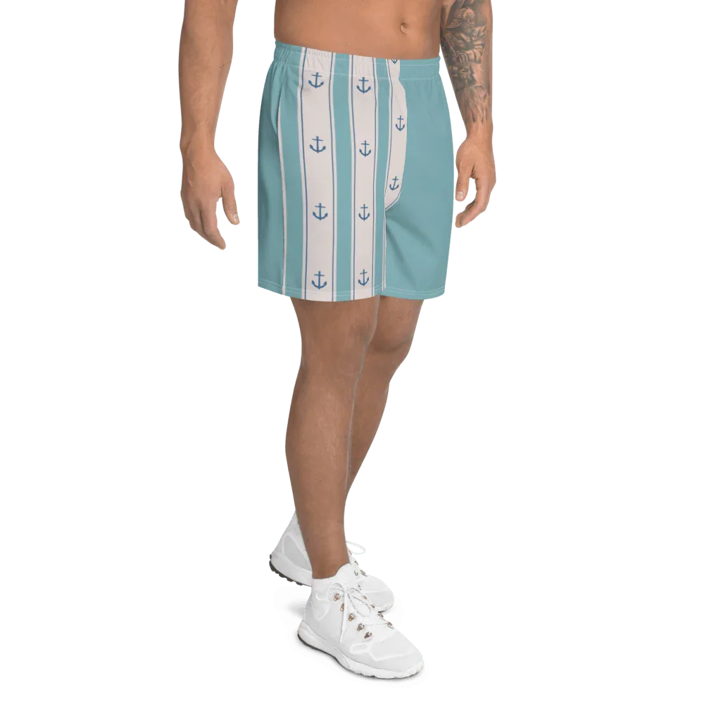 Shorts uomo streetwear azzurri e bianchi con ancore, stile urban estivo, tessuto sportivo