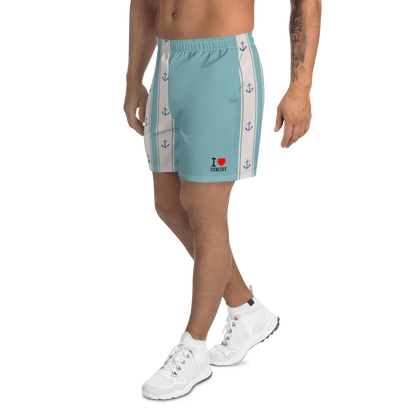 Shorts streetwear uomo azzurri con bande bianche, ancore blu e scritta I love Rimini