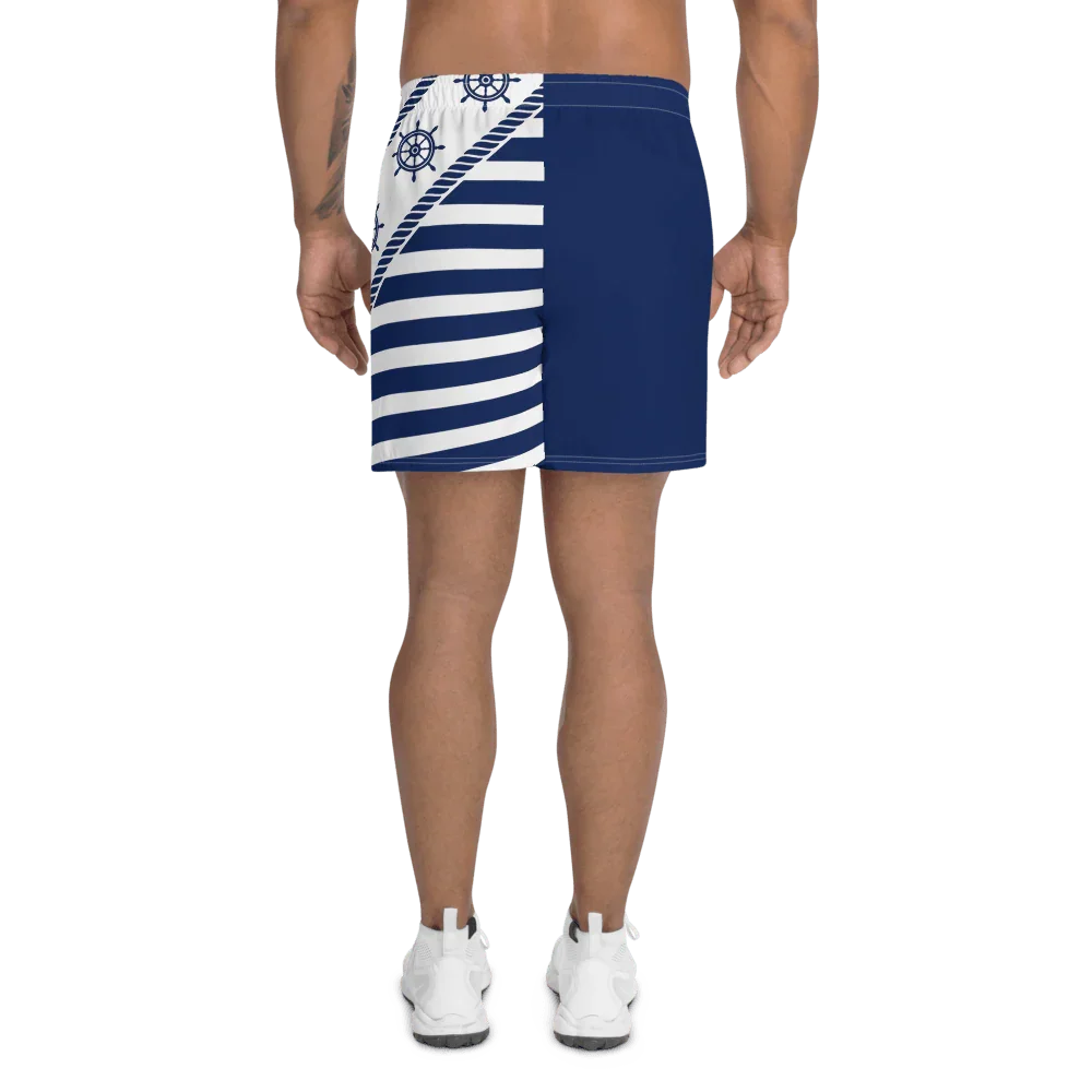 Shorts uomo streetwear blu navy e bianchi, motivo righe e timoni, tessuto sportivo