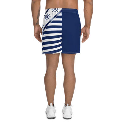 Shorts uomo streetwear blu navy e bianchi, motivo righe e timoni, tessuto sportivo