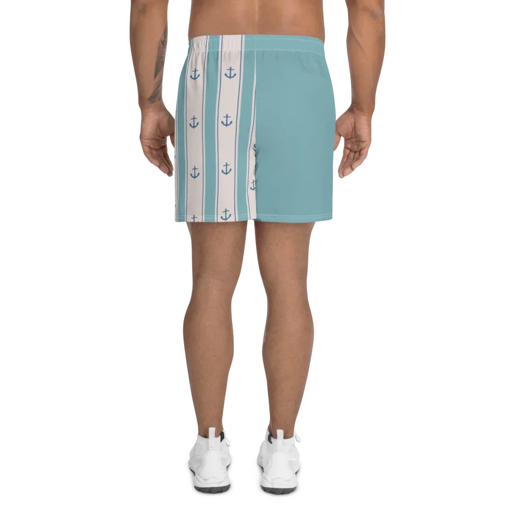 Shorts uomo streetwear azzurri con banda bianca e ancore blu, stile urban, tessuto leggero