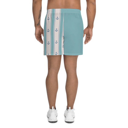 Shorts uomo streetwear azzurri con banda bianca e ancore blu, stile urban, tessuto leggero