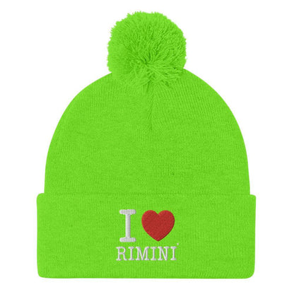 Berretto streetwear verde fluo con pompon, scritta ricamata I love Rimini, stile urban