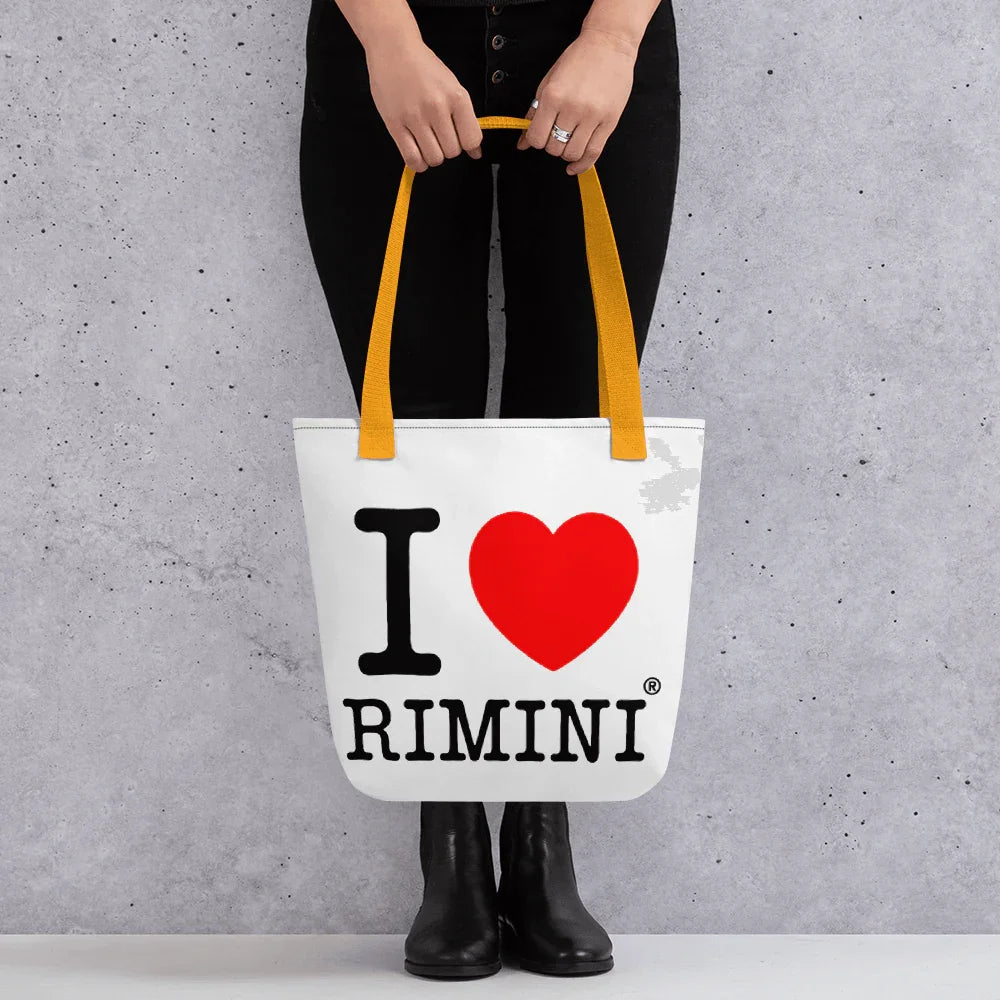 Shopper streetwear bianca in tessuto con manici gialli, stampa I love Rimini e stile urban