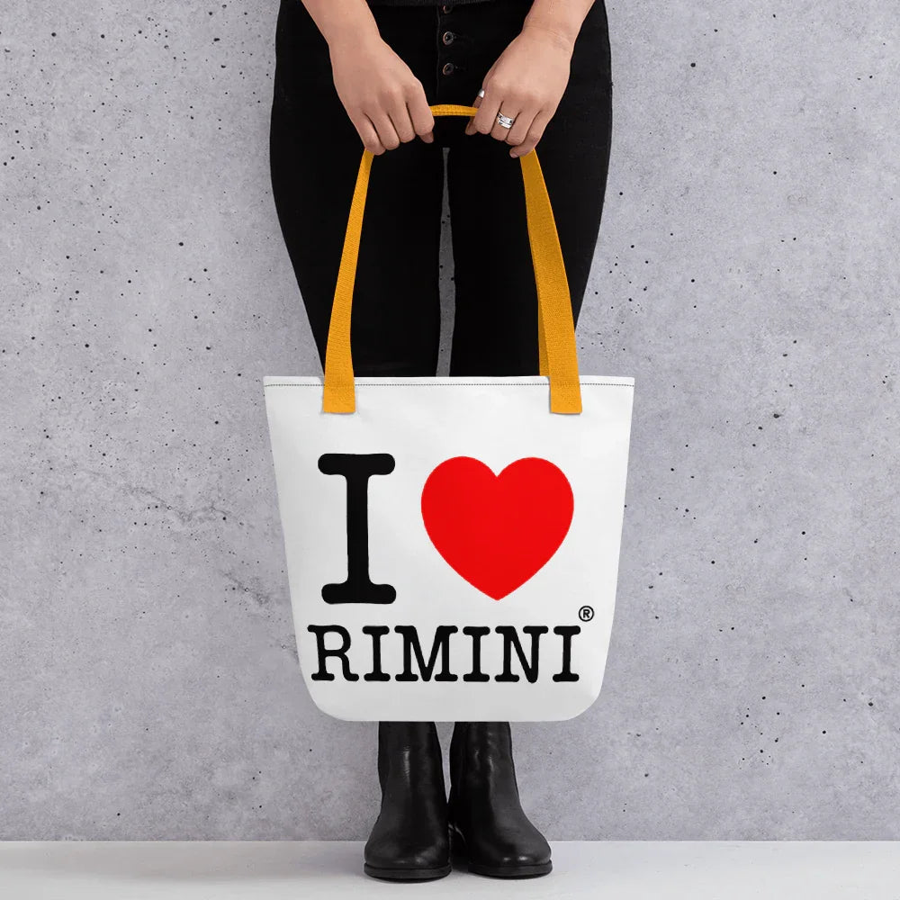 Borsa tote bianca streetwear con manici gialli, scritta I love Rimini e cuore rosso, stile urban