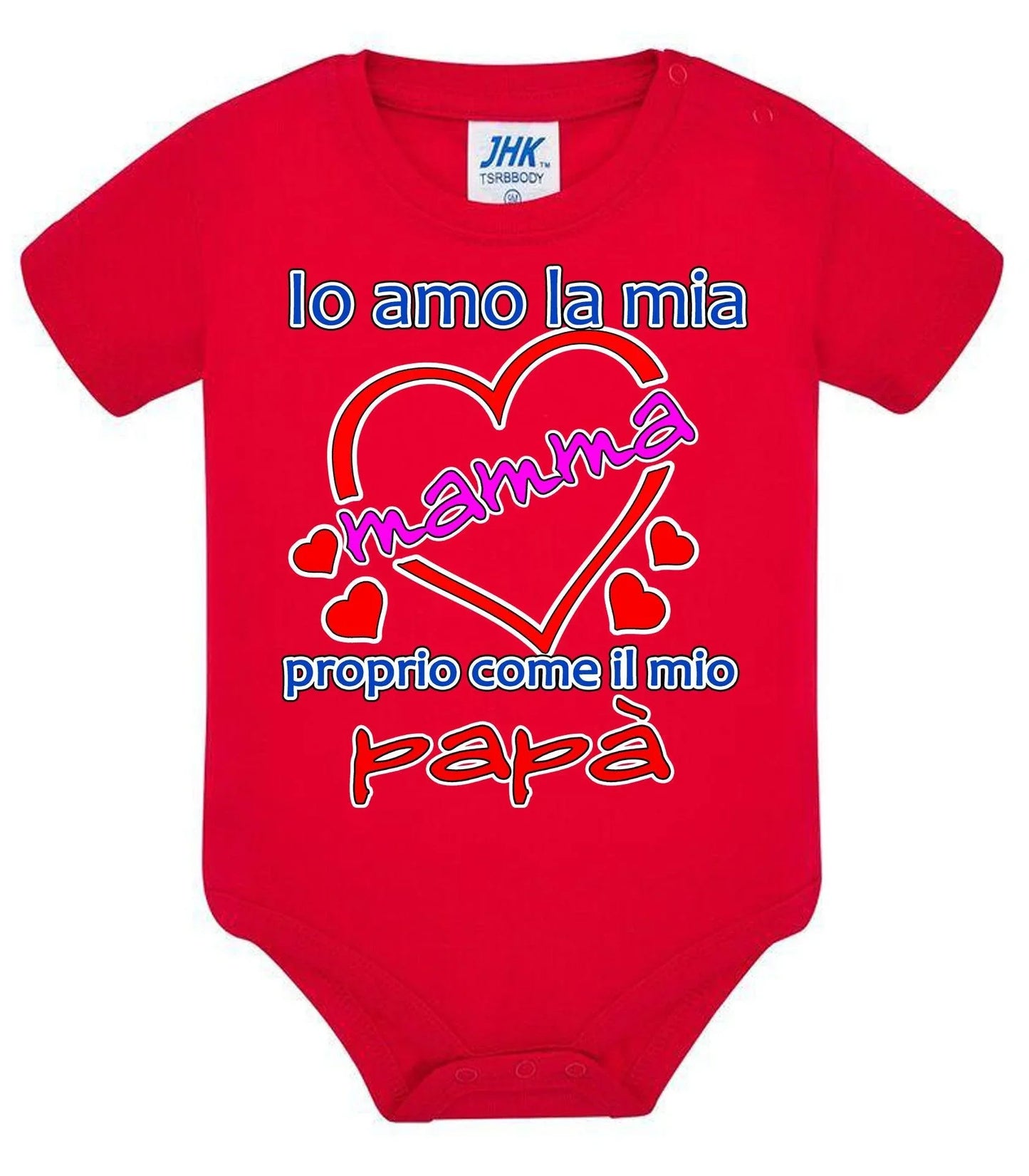 Body neonato rosso in cotone, stile streetwear, scritta colorata con cuori