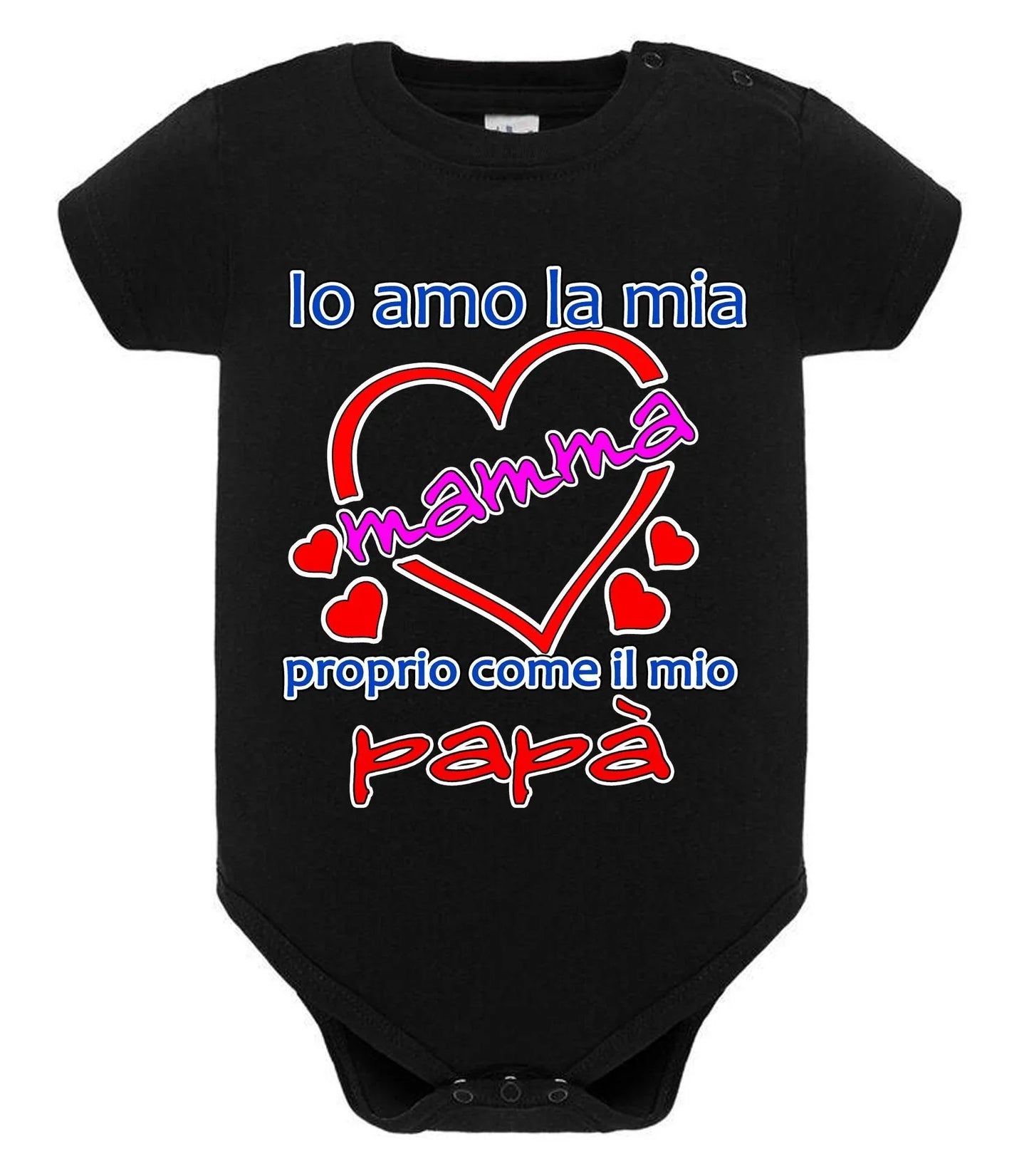 Body neonato nero in cotone, stile streetwear, con scritta colorata e cuori rossi