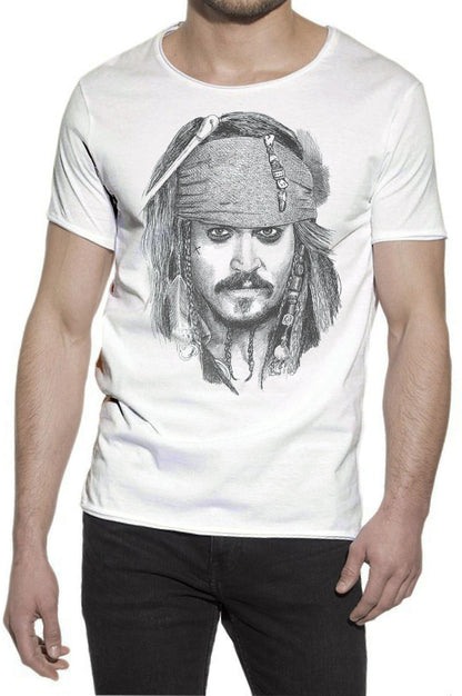 T-shirt uomo bianca in cotone fiammato, stile streetwear, stampa dettagliata di un pirata.