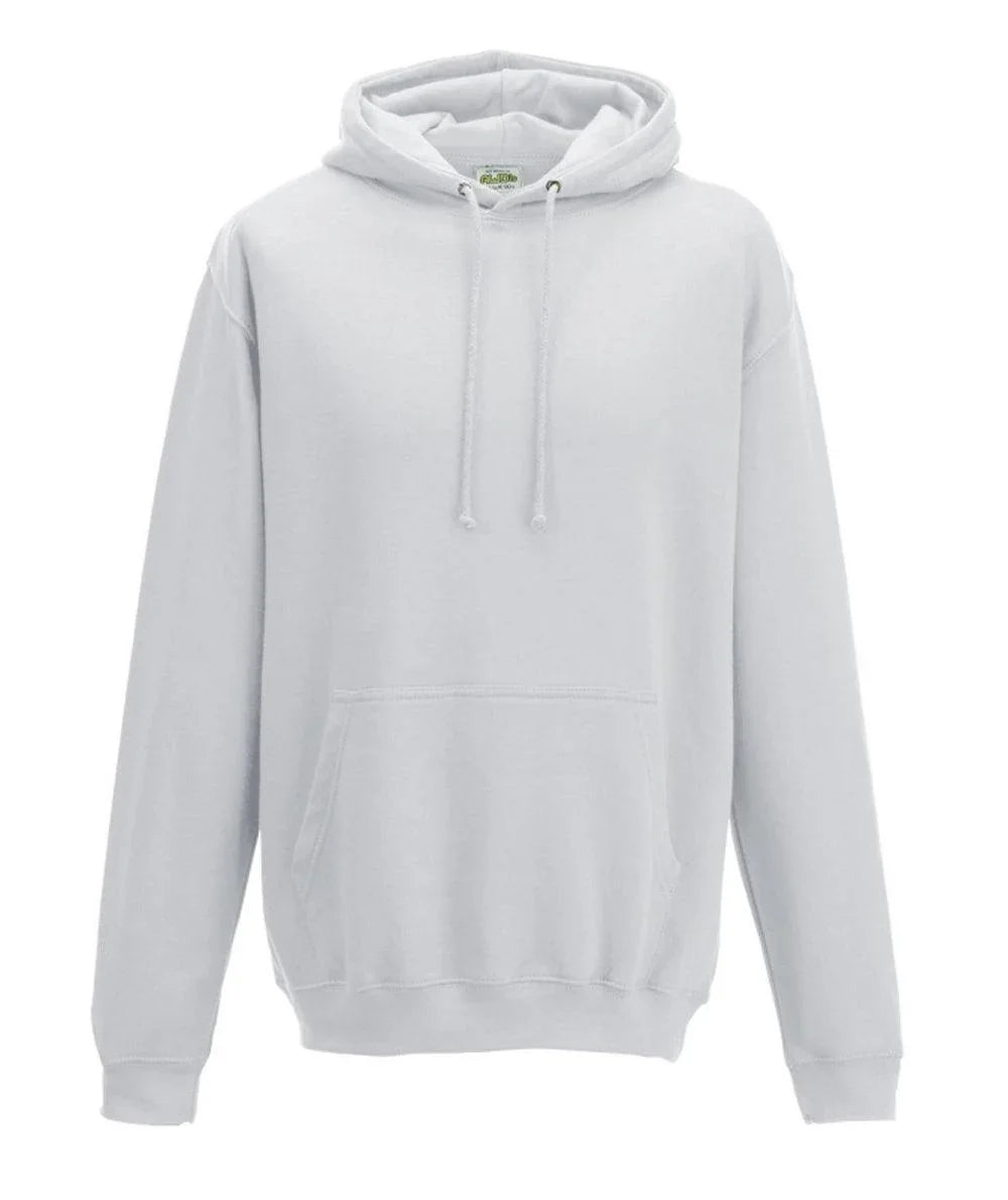 Felpa unisex bianca con cappuccio, tasca frontale e laccetti, stile streetwear urban.