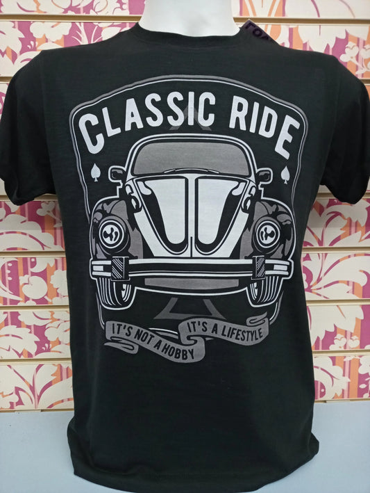 T-shirt streetwear nera da uomo, cotone, con stampa auto d'epoca e scritte bianche Classic Ride