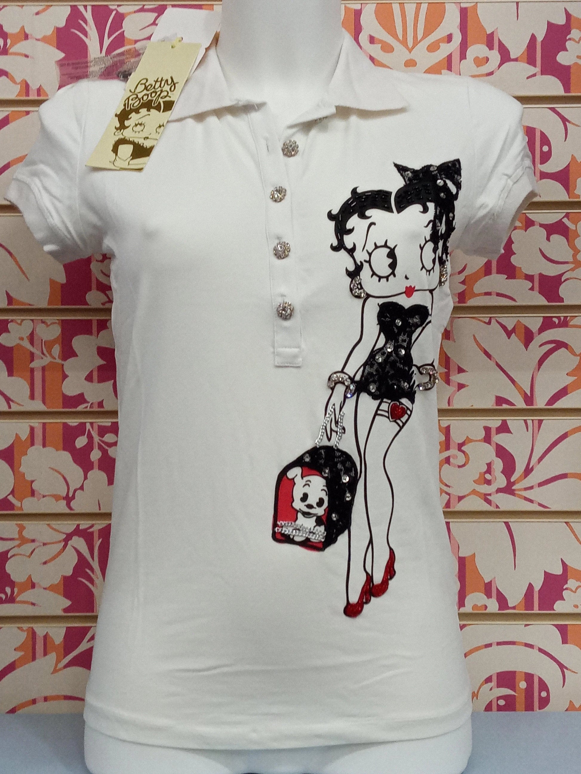 T-shirt bianca donna stile streetwear con stampa Betty Boop, dettagli neri e rossi, cotone