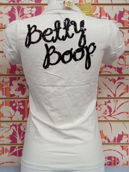 T-shirt donna bianca streetwear con scritta nera lucida Betty Boop in paillettes sul retro.