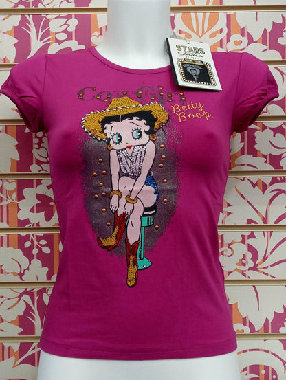 T-shirt donna streetwear fucsia con stampa Betty Boop cowgirl, stile urban, cotone visibile
