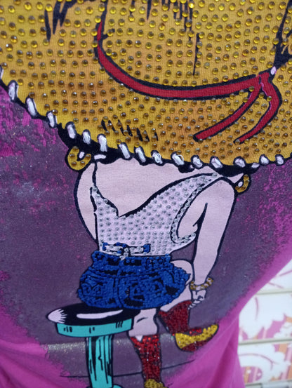 T-shirt donna streetwear viola con stampa pop art colorata, dettagli brillanti e effetto glitter