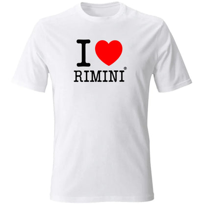 T-shirt bianca unisex streetwear con scritta 'I love Rimini', stampa nera e cuore rosso, stile urban.