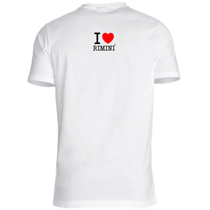 T-shirt unisex bianca in cotone con stampa "I love Rimini" sul retro, stile streetwear urban.